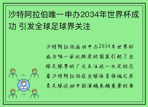沙特阿拉伯唯一申办2034年世界杯成功 引发全球足球界关注