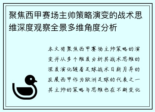 聚焦西甲赛场主帅策略演变的战术思维深度观察全景多维角度分析